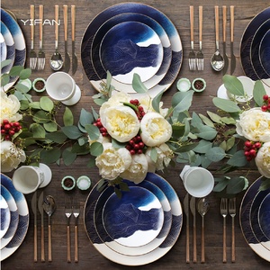 Service de vaisselle en porcelaine fine motif ciel étoilé bleu – Assiettes en céramique pour décoration de table lors d'événements et fêtes en extérieur - Product Image 6