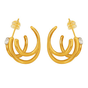 C-Shaped <b>Stud</b> Earrings Gold Rhinestone Geometric Design <b>Titanium</b> Steel Fashion Jewelry for Women - Product Image 5