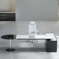 Bureau de direction contemporain avec table d'extension ronde en verre réglable en hauteur