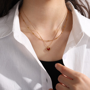 Collar de doble capa con corazón rojo, cadena de clavícula de acero inoxidable, colgante dorado, joyería de regalo - Product Image 4