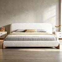 Lit Double Rembourré en Tissu avec Cadre en Bois Massif, Tête de Lit Coquille Wabi Sabi Courbée Intégrée, Meuble de Chambre Parentale