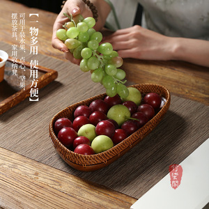 Handmade Rattan Fruit Tray Round Oval Wooden Serving Tray For Home Living Room Storage Dish Decorative Tableware - Product Image 4