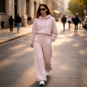 Ensemble de survêtement léger rose à capuche en spandex pour femme, coupe décontractée, sweat-shirt à manches longues et pantalon avec poches latérales, idéal pour l'été - Product Image 1
