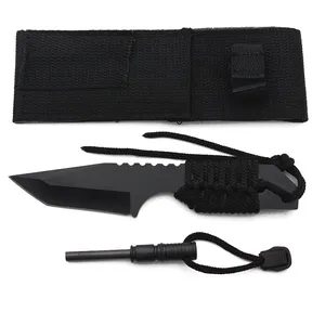 OUTDOOR SURVIVAL EMERGENCY 7" TANTO FIXED BLADE KNIFE With FIRE STARTER