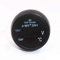 Voltímetro y Termómetro Digital 3 en 1 para Auto, Monofásico, DC 12V 24V, Monitor de Batería, IP68 Impermeable, USB 5V 2.1A, Rojo
