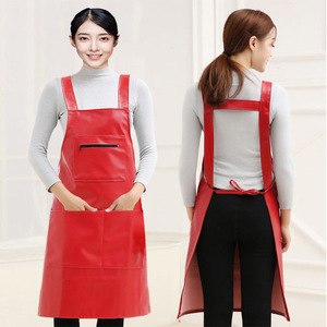 Delantal de cuero Pu con correa doble para hombro, color rojo brillante, resistente al agua y al aceite, para limpieza, uso doméstico, hombres y mujeres - Product Image 1