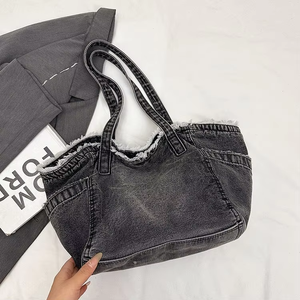 Washed Denim Canvas Women's Shoulder Tote <b>Bag</b> Summer New Style Fashionable Large-Capacity Zipper Closure Tanjing - Product Image 2