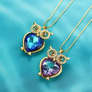 Fashion Creative Animals Bird Design Necklace Colorful Crystal Zircon Brass Gold Plated Jewelry Cute Owl Pendant Necklace