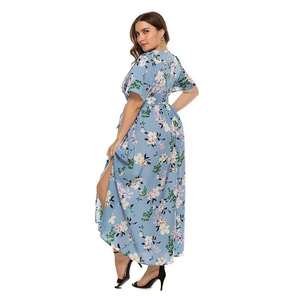 Abito Taglie Forti Bohémien <span class=keywords><strong>con</strong></span> Scollo a V e <span class=keywords><strong>Spacco</strong></span>, Manica Corta, <span class=keywords><strong>Vestito</strong></span> <span class=keywords><strong>Lungo</strong></span> Stampato da Spiaggia per Donna - Product Image 3