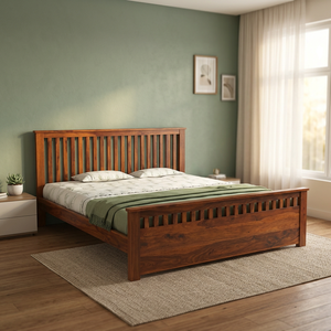Contemporary Solid Teak <b>Bed</b> <b>Frame</b> with Slatted Headboard Midcentury Modern Design Nightstands - Product Image 2
