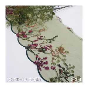 New Design Tulle Light Green Lace Trim Fabric for Lady Lingerie 22cm twinkling Flower Embroidered Lace with gold thread