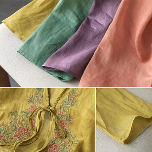 Women's Embroidered Chiffon Cardigan Long Sleeve <b>Tie</b> Front Summer Blouse Breathable Yellow Green <b>Purple</b> Orange Cotton Wrap Shirt - Product Image 4