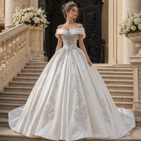 Gaun Pengantin Model Ball Gown Jancember DW0234 Royal Ivory Off Shoulder Satin Berhias Kristal untuk Pengantin Wanita