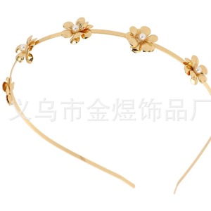 Diadema de metal con forma de flor y centro de perlas, tocado nupcial fino en tono dorado para mujer, accesorio de moda para adultos - Product Image 1