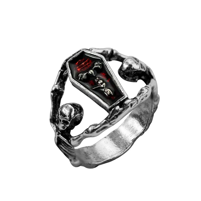 Vintage Punk Skull Engagement Ring for Men Hip Hop Fashion Red Enamel Plated Silver Color Jewelry for Women