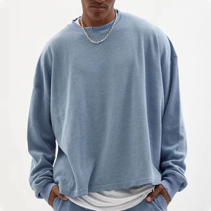 Men's Oversized Long Sleeve <b>Waffle</b> Knit O-Neck T-<b>Shirt</b> Solid Blue Casual Fit 100% Cotton Plain Dyed Design - Product Image 1