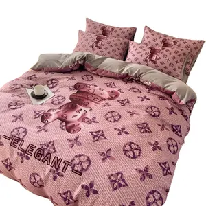Conjunto de cama de algodão 4 em 1, escovado, violeta, king size, capa de edredão, jogo de cama