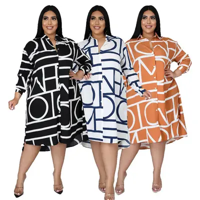 P085 2023 New Arrivals Shirt Dresses Women Casual Geometric Print Ladies Casual Dresses Color Blocking Plus Size Dress
