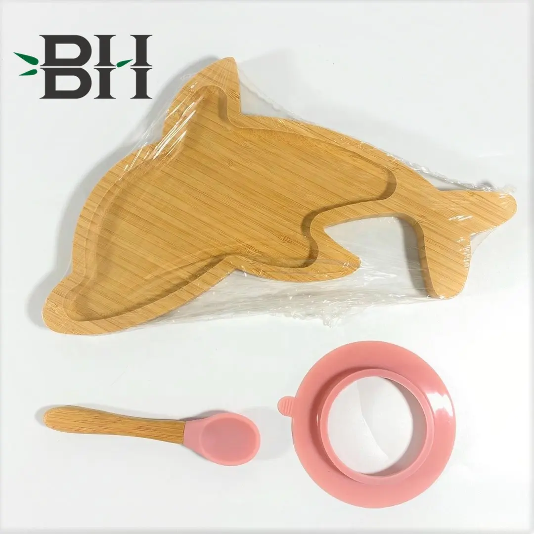 Natural Bamboo Toddler Feeding Training Silicone Suction Cute Dolphin Shape Suction Plate