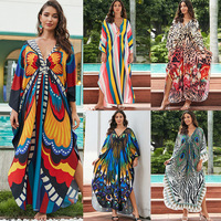 Gaun Pantai Panjang Model Long Dress, Bahan Katun, Motif Leopard, Ukuran Besar, Gaya Eropa Amerika, Pelindung Sinar Matahari, Cocok untuk Grosir