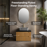 Ensemble de meuble-lavabo mural en chêne rainuré avec plateau noir en contreplaqué, lavabo ovale gris à poser, miroir LED tactile et double tiroir