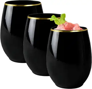 Disposable Plastic 12 oz and 16 oz Black With Gold Rim Stemless Wine Glasses Shatterproof Outdoor Wine Cups Elegant BPA-Free