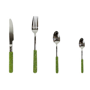 Ensemble de couverts en acier inoxydable avec manches en strass vert, vaisselle de luxe, couteau, fourchette, cuillère pour la table à manger à la maison - Product Image 5
