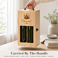 Boîte cadeau en bois massif pour deux bouteilles de vin rouge avec fenêtre de présentation frontale, logo gravé, fermeture à loquet métallique, emballage pour vin