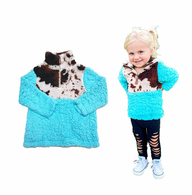 2021 Fashion Autumn Winter Mommy and Me Turquoise Cowhide Sherpa Pullover Toddler Baby Brown Cow Print Sherpa Kids Fleece Coat