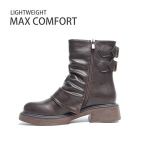 Bottes à semelle épaisse pour femmes, style automne/hiver/été/printemps, bottes courtes rétro britanniques avec fermeture éclair, dessus en PU - Product Image 6