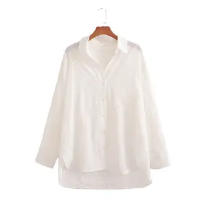 SIGH-blusa informal de manga larga con cuello vuelto para mujer, camisa color blanco con bordado