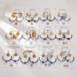 Boucles d'oreilles pendantes personnalisées pour femmes en acier inoxydable plaqué or 14 carats, design des 12 constellations du zodiaque, cadeau tendance et à la mode - Product Image 4