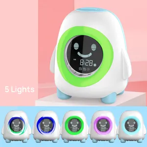 Reloj de dibujos animados para niños, Mini Despertador con luz LED nocturna MultiColor con temperatura, pingüino, entrenador de sueño, regalo, 2022