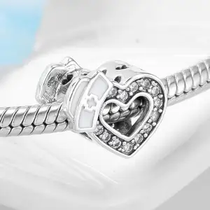 Real 925 plata esterlina enfermera hap brillante CZ corazón perlas encanto pulseras haciendo cuentas de accesorios de moda venta al por mayor de la joyería