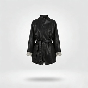 Nuovo <span class=keywords><strong>Trench</strong></span> Coat da <span class=keywords><strong>Donna</strong></span> in <span class=keywords><strong>Pelle</strong></span> PU di Media Lunghezza per l'Autunno - Con Cintura in Vita, Collo Alto, Giacca Casual - Product Image 1