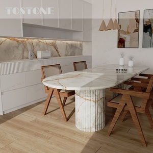 Mesa de Comedor de Mármol Natural Pulido Tostone en Tono Rosa para 4 Personas, para el Hogar, Apartamento, Villa, Decoración de Interiores del Comedor - Product Image 1