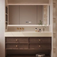 Ensemble de meuble-lavabo de salle de bain de style Mid-Century avec vasque intégrée sans joint en pierre frittée, pour lavabo de salle de bain