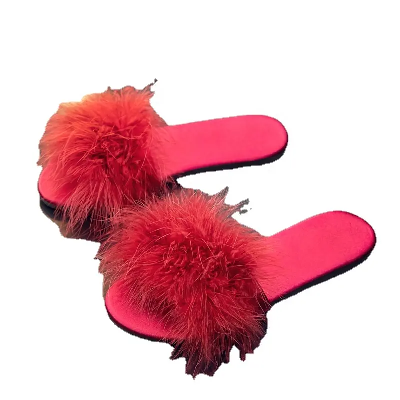 Spring and Summer New Wedding Bridesmaid Fluffy Slippers Women's Wedding Satin Red Slippers Wedding Bridal Gown Matching Shoes