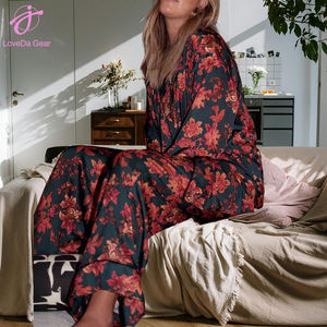 Loveda all'ingrosso donna estate sottile casa vestiti fiori stampa pigiami in <span class=keywords><strong>cotone</strong></span> Jacquard garza - Product Image 4