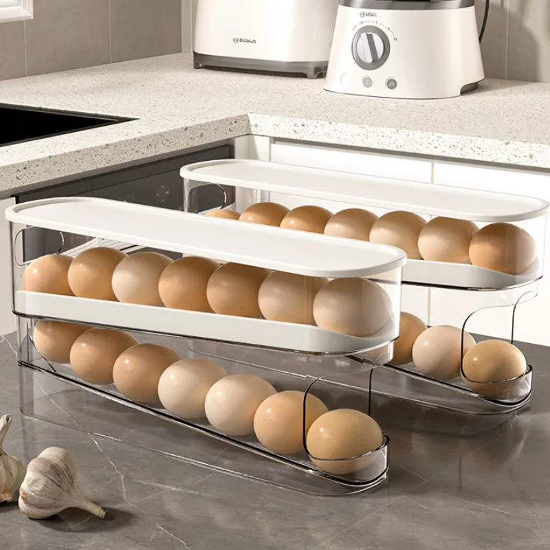 FF2493 الموزع المتداول للبيض في الثلاجة حاوية تخزين موفرة للمساحة منظمة بيض من طبقتين حامل بيض للثلاجة