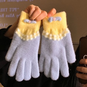 Gants en tricot jacquard en peluche bleue, longueur poignet, cinq doigts, pour femmes, hiver, chauds, mignons, doublés de polaire, épais, cyclisme, anti-froid - Product Image 1