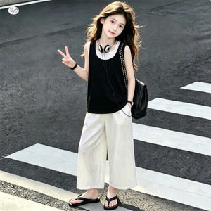 Completo Estivo 2026 Bicolore per <span class=keywords><strong>Bambina</strong></span>: Top Corto e <span class=keywords><strong>Pantaloni</strong></span> a Gamba Larga per Ragazze Più Grandi - Product Image 3