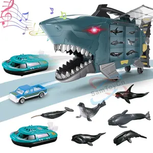 Samtoy 키즈 상어 장난감 저장 트럭 바다 동물 장난감 컨테이너 슬라이딩 몬스터 상어 장난감 트럭 2 합금 자동차와 6 물고기
