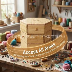 Wooden storage box with rotating <b>drawers</b>, multi-functional desktop cosmetic and jewelry storage box. - Product Image 3