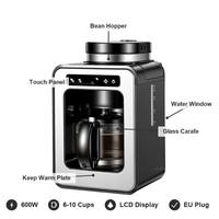 Machine à café à filtre entièrement automatique avec moulin intégré, cafetière électrique 600W, écran LCD tactile pour la maison et le bureau