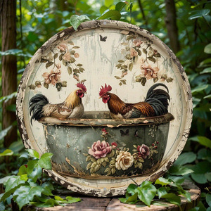 Vintage <b>wall</b> <b>decorations</b>, country garden ornaments, distressed potted chicken pattern wooden round signboard - Product Image 1