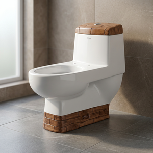 Conjunto de Lavabo de Cerámica Moderno de Diseño Bicolor Blanco con Pedestal de Madera y Inodoro de Una Pieza con Sifón - Product Image 4