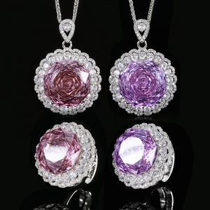 Ensemble collier et boucles d'oreilles en cuivre écologique, motif fleurs en zircon cubique rose taillé en forme de rose, 18 mm, pour femmes, vente en gros - Product Image 3