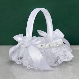 Cesta de flores blanca <span class=keywords><strong>para</strong></span> niña de las flores en bodas, muy vendida, con encaje y decoración de lazo - Product Image 4