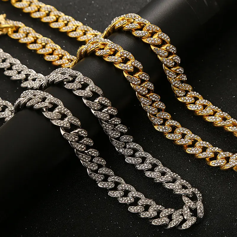 Drop Shipping Wholesale 12Mm Diamond Choker Men Necklace Hiphop Plated 18K Gold Iced Out Cuban Link Chain Jewelry Necklace